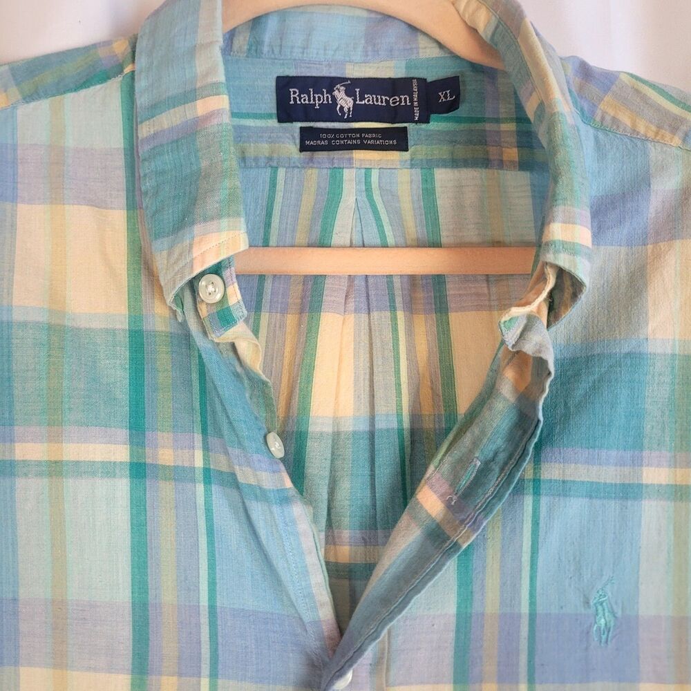 Ralph Lauren Button Up Shirt Mens Size XL Blue Plaid 100% Cotton
